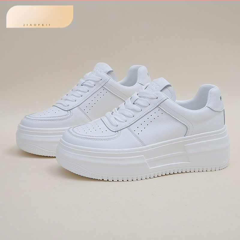 Дамски кожени кецове с дебела подметка, връзки, кръгъл нос, кожена горна част от телешка кожа, повишаване на височината 6–8 cm, гумена подметка