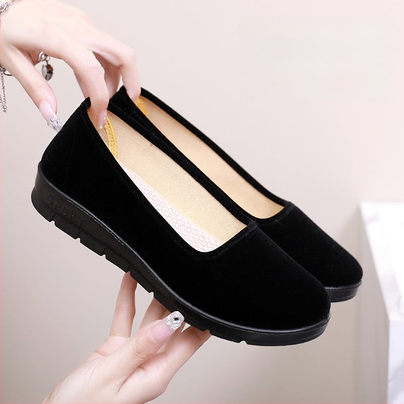 Pantofi femei țesuti manual din velveteen, talpă din poliuretan, toc plat, deschidere joasă, vârf rotund