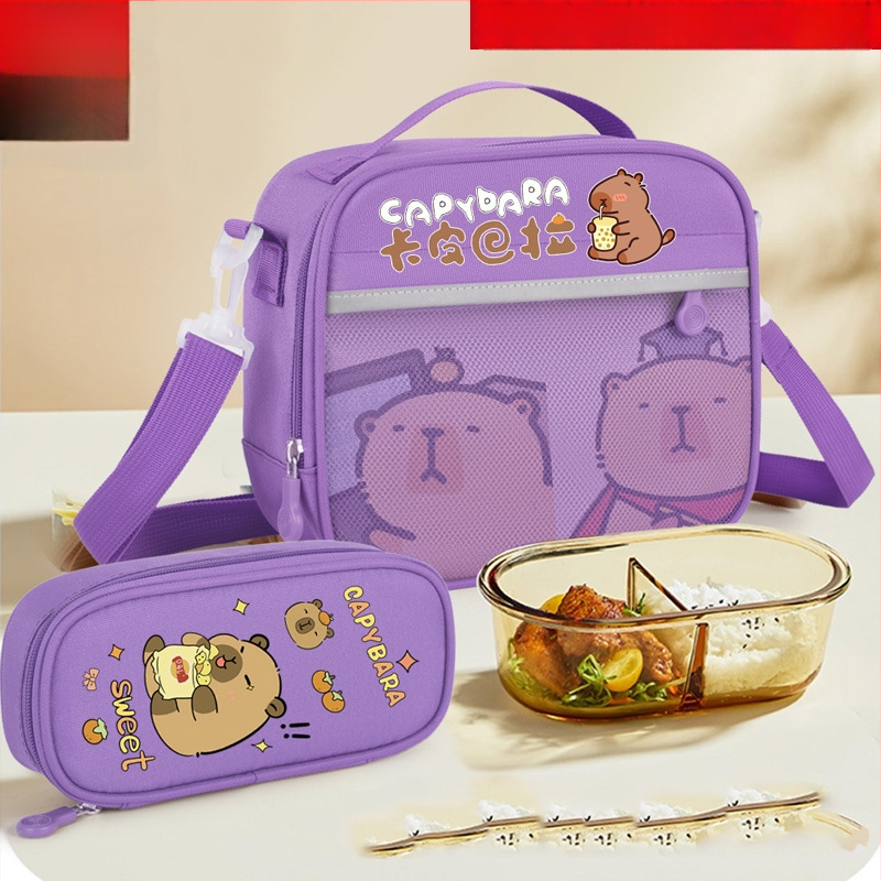 Geantă izolantă pentru prânz și penar cu tema Capybara pentru elevii din învățământul primar — material Oxford, fără căptușeală, impermeabilă, ușoară, portabilă