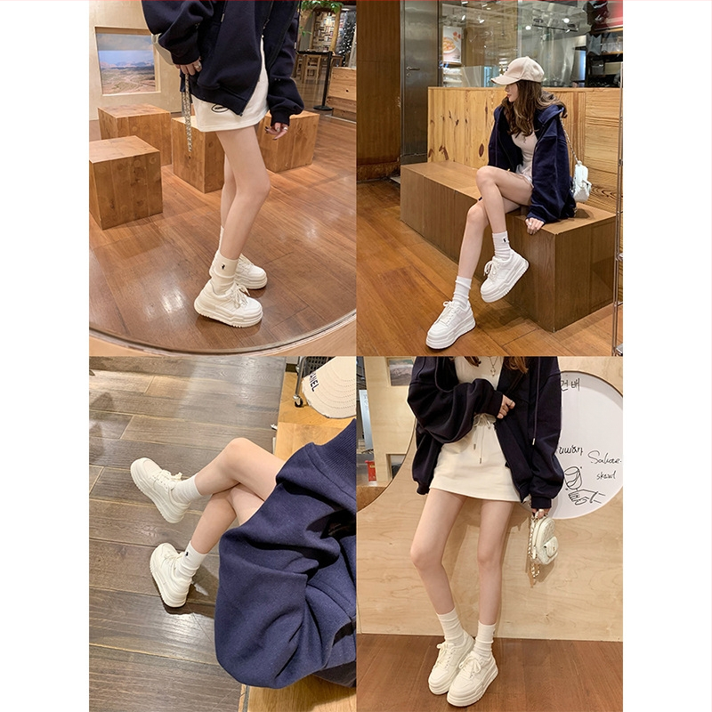 Adidași femei cu șireturi, exterior din piele de vită, căptușeală din fleece, talpă groasă pentru creșterea înălțimii, stil colegiu, pantofi sport casual