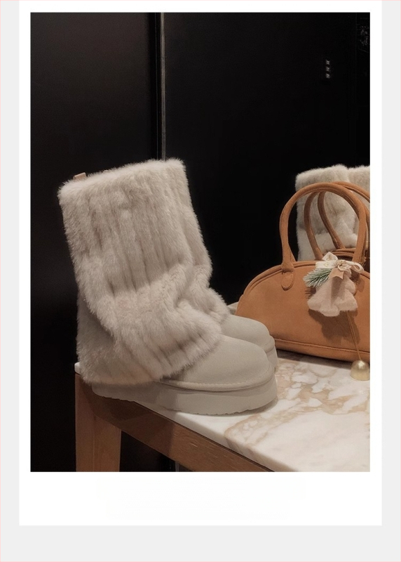 Cizme de zăpadă pentru femei, stil coreean, căptușite cu blană, exterior Ox Velvet, talpă din cauciuc, deschidere adâncă