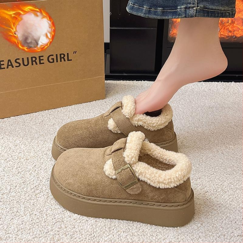 Cizme de zăpadă pentru femei, talpă groasă, partea superioară din velur, căptușite cu blană sintetică scurtă, guler jos (Iarnă; Talpă groasă; Velur; Blană sintetică scurtă; Blană sintetică)