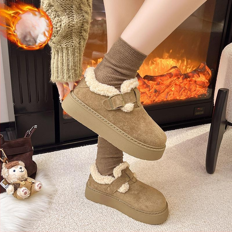 Ghete de iarnă pentru femei din velur, talpă groasă, căptușeală pufoasă, vârf rotund, gleznă joasă, șireturi pe fața încălțămintei