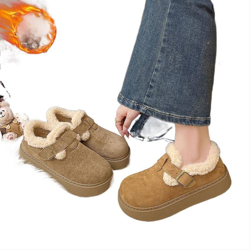 Ghete de iarnă pentru femei din velur, talpă groasă, căptușeală pufoasă, vârf rotund, gleznă joasă, șireturi pe fața încălțămintei