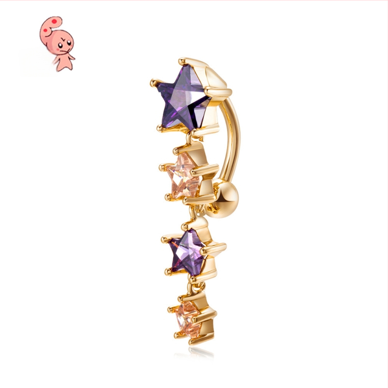 Пъпна бижутерия, корейски стил, меден пентаграм със четири свързани петолъчни звезди, електроплатиране