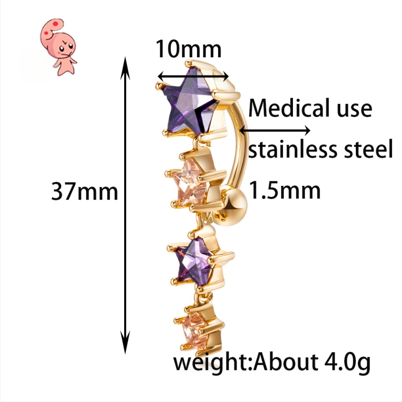 Пъпна бижутерия, корейски стил, меден пентаграм със четири свързани петолъчни звезди, електроплатиране