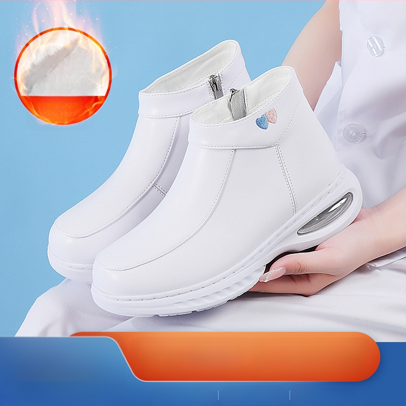 Ghete de iarnă pentru asistentă medicală, cu partea superioară din piele naturală, căptușeală din pluș artificial, talpă EVA, toc mediu 3-5 cm