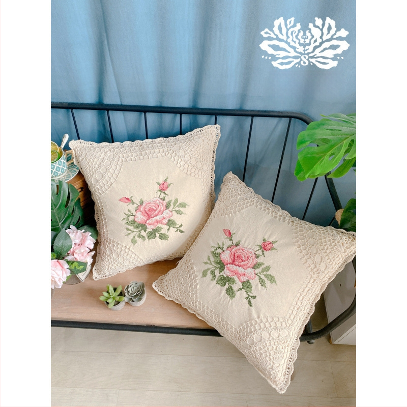 Perne pătrate cu broderie cross-stitch, husă din bumbac și umplutură PP, stil universal