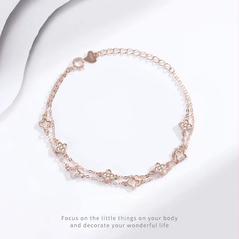 Glezna S925 cu două straturi, trifoi cu patru foi, încrustată cu pietre, inspirat din pădure, bijuterii pentru femei