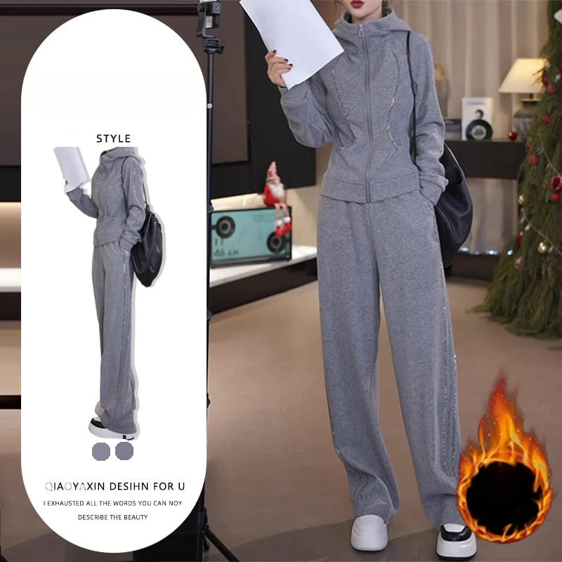 Set sport feminin toamnă-iarnă: hanorac cu fleece și fermoar, pantaloni cu talie înaltă, croială dreaptă – două piese