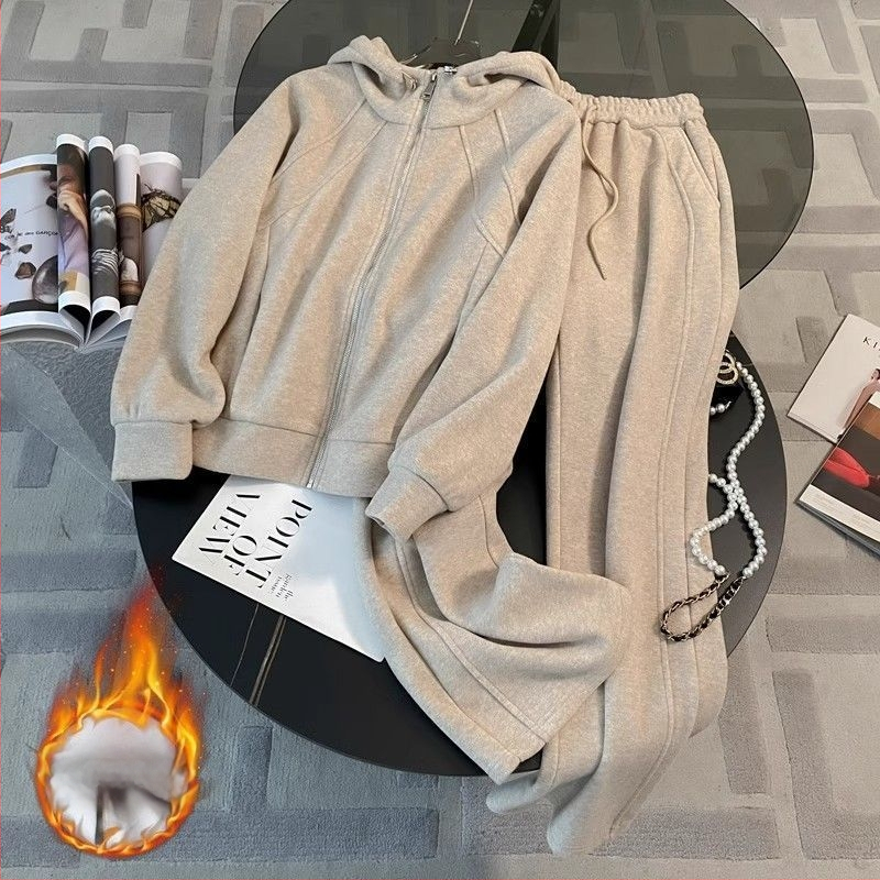 Set de damă cu hanorac cu glugă și pantaloni largi, căptușiți cu fleece, din bumbac 95%+, Iarnă 2024, Stil urban, mâneci lungi