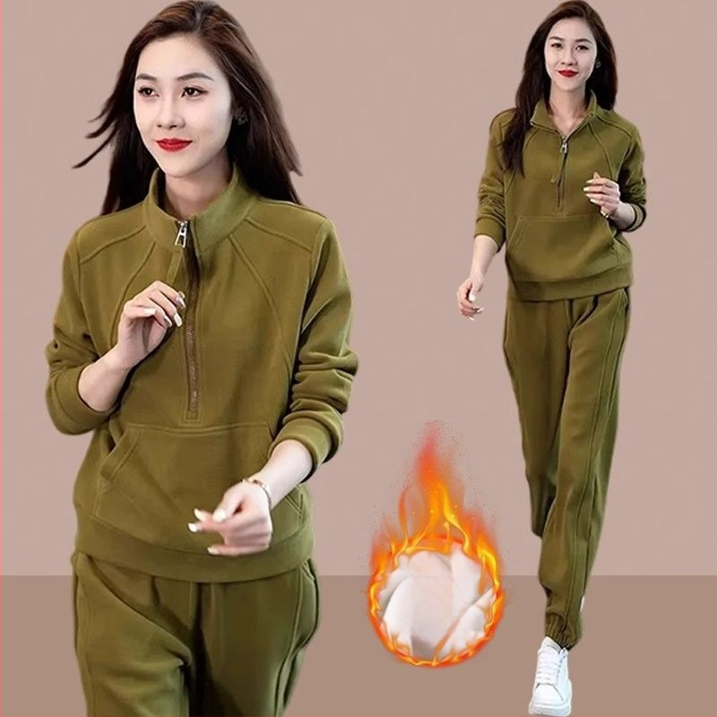 Set trening damă: cardigan cu fleece căptușit, top cu mâneci lungi și pantaloni