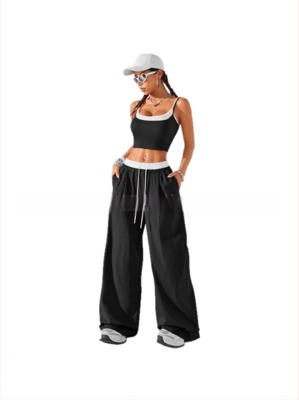 Set damă: top fără mâneci și vestă cu pantaloni cargo talie înaltă, color block, poliester 95%+, Primăvara 2025