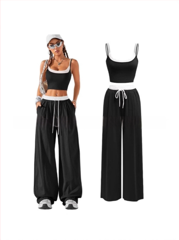 Set damă: top fără mâneci și vestă cu pantaloni cargo talie înaltă, color block, poliester 95%+, Primăvara 2025