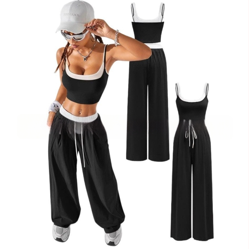 Set damă: top fără mâneci și vestă cu pantaloni cargo talie înaltă, color block, poliester 95%+, Primăvara 2025