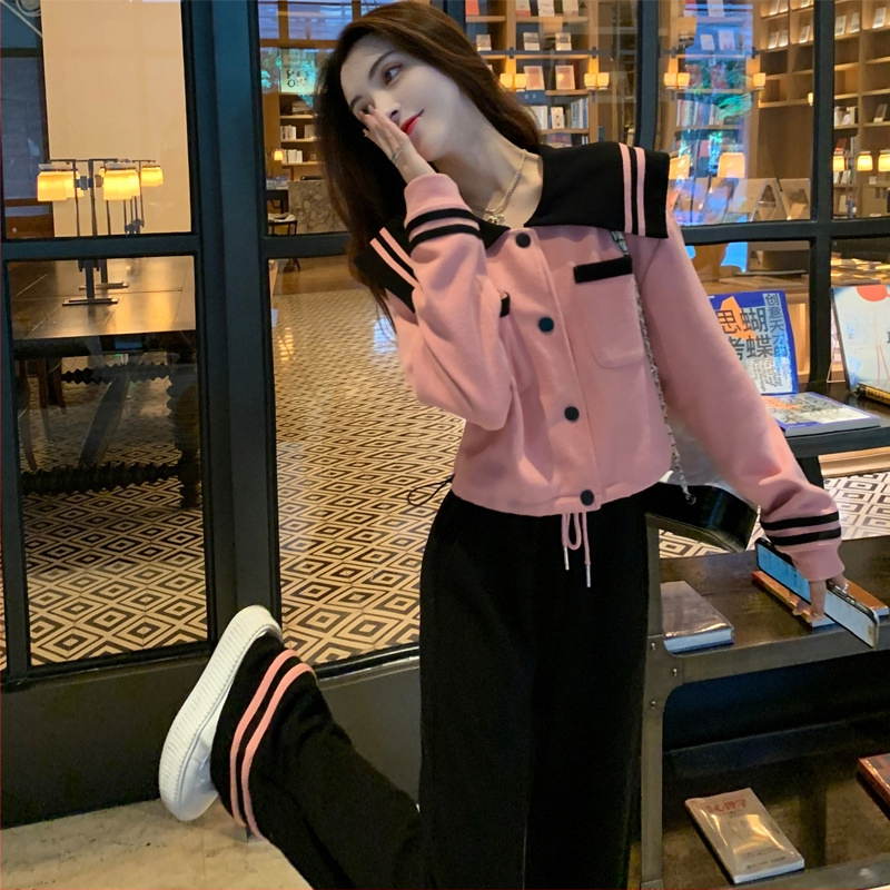 Set din două piese din velur în stil tweed pentru femei, top cu mânecă lungă și pantaloni largi, model solid, țesătură poliester ≥95%, țesut, iarna 2024