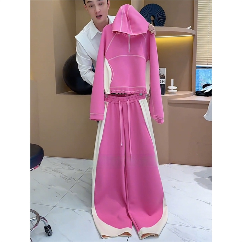 Costum casual din două piese: Hanorac cu glugă și pantaloni largi, Primăvara 2025, Chenille cu Spandex, mâneci lungi