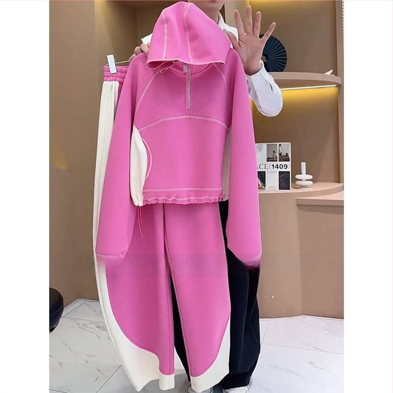 Costum casual din două piese: Hanorac cu glugă și pantaloni largi, Primăvara 2025, Chenille cu Spandex, mâneci lungi