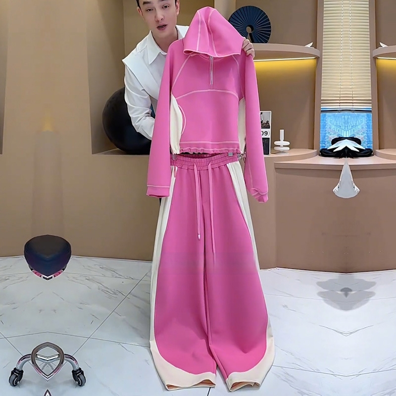 Costum casual din două piese: Hanorac cu glugă și pantaloni largi, Primăvara 2025, Chenille cu Spandex, mâneci lungi