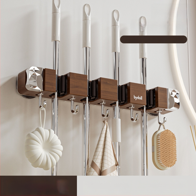 Raft de depozitare mop cu ventuză – montaj pe perete fără găuri, din plastic, finisaj lemn