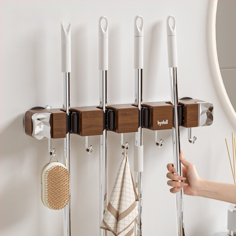 Raft de depozitare mop cu ventuză – montaj pe perete fără găuri, din plastic, finisaj lemn