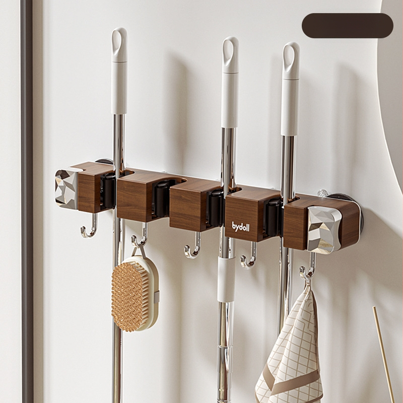 Raft de depozitare mop cu ventuză – montaj pe perete fără găuri, din plastic, finisaj lemn