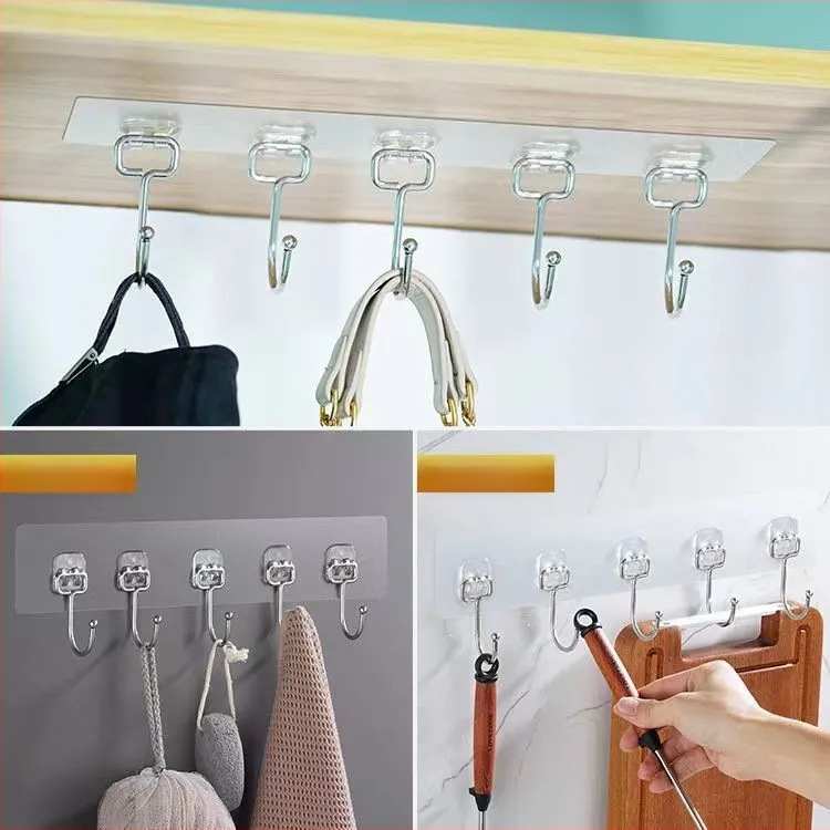 Cuier adeziv din oțel inoxidabil, cu șase rânduri, pentru bucătărie, fără găuri, susține peste 30 kg