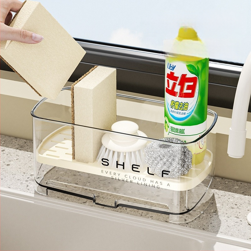 Raft pentru bureți de bucătărie, montat pe perete – ABS plastic, suport pentru drenaj, organizator multifuncțional pentru chiuvetă