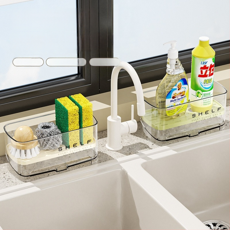 Raft pentru bureți de bucătărie, montat pe perete – ABS plastic, suport pentru drenaj, organizator multifuncțional pentru chiuvetă