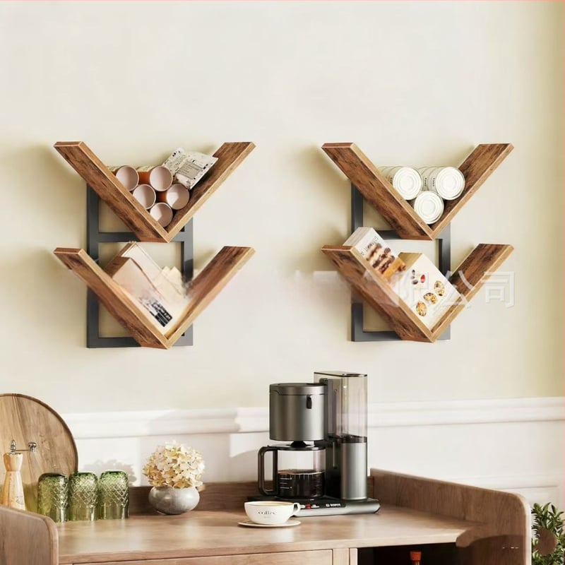 Стенно монтирана стойка за съхранение с двойно ниво на дисплея, дърво-бамбукова конструкция, вакуумно закрепване, мултифункционална