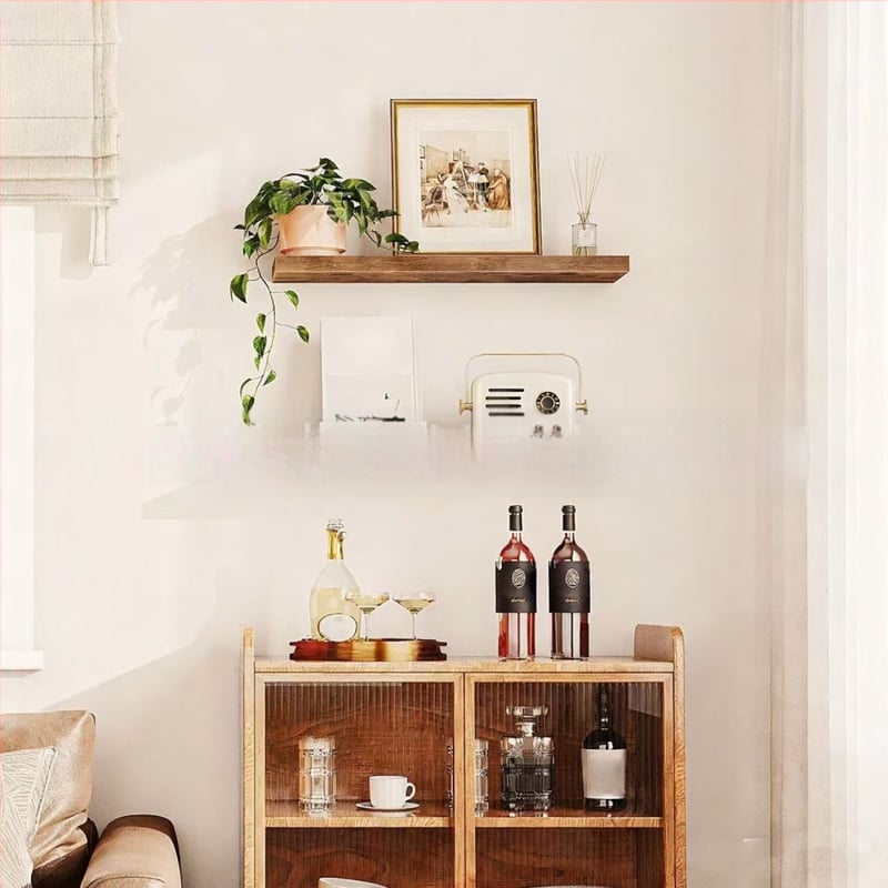 Стенно монтирана стойка за съхранение с двойно ниво на дисплея, дърво-бамбукова конструкция, вакуумно закрепване, мултифункционална