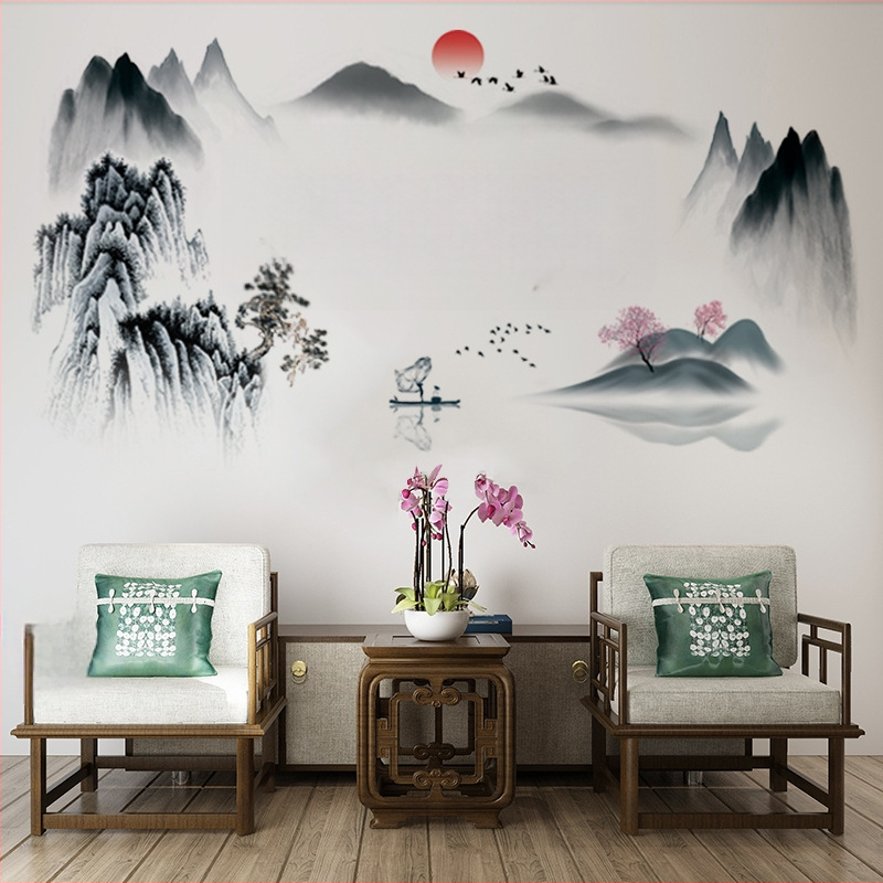 PVC стенен стикер, водоустойчив, Нов китайски стил, мотив китайска пейзажна картина, модел 60682086