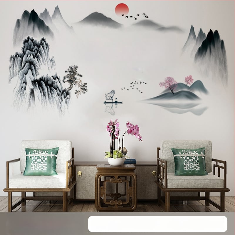 PVC стенен стикер, водоустойчив, Нов китайски стил, мотив китайска пейзажна картина, модел 60682086