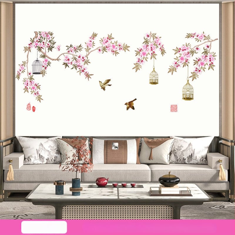 Sticker de perete din PVC cu flori și păsări pe o ramură, autoadeziv, 1 buc., pentru living și dormitor, stil chinezesc clasic
