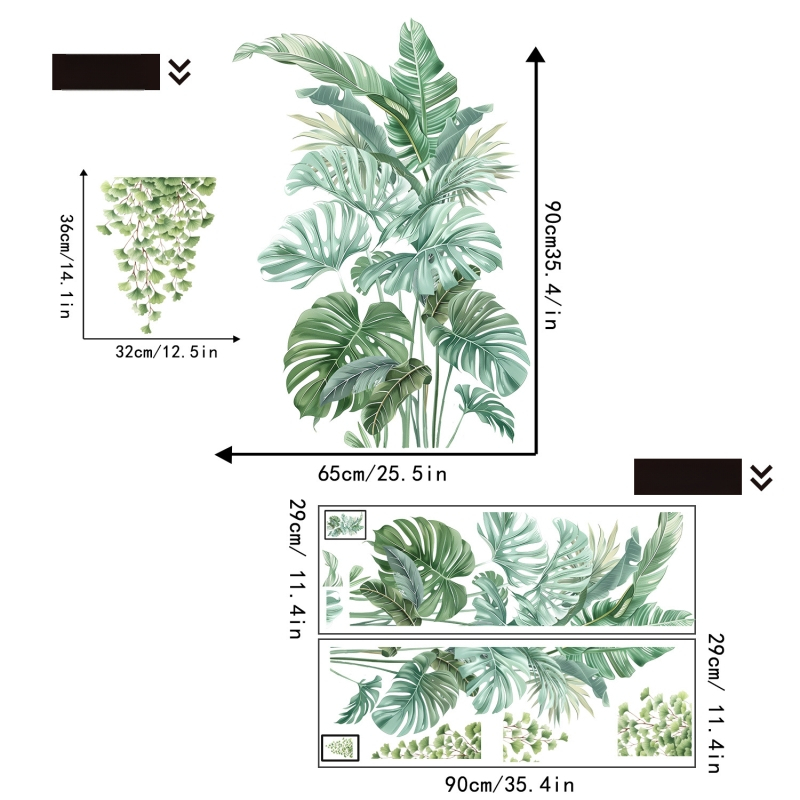 Autocolant decorativ de perete - PVC, model plante cu frunze, pentru living și dormitor, stil modern plat