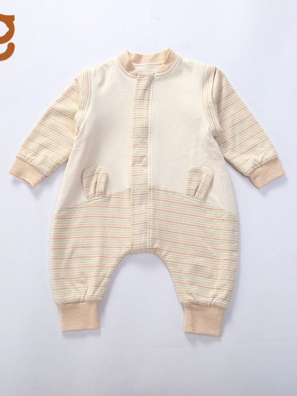 Sac de dormit pentru sugari cu picioare separate, din bumbac dublu strat, mâneci detașabile, model în dungi, fermoar metalic, potrivit pentru iarnă, primăvară și toamnă