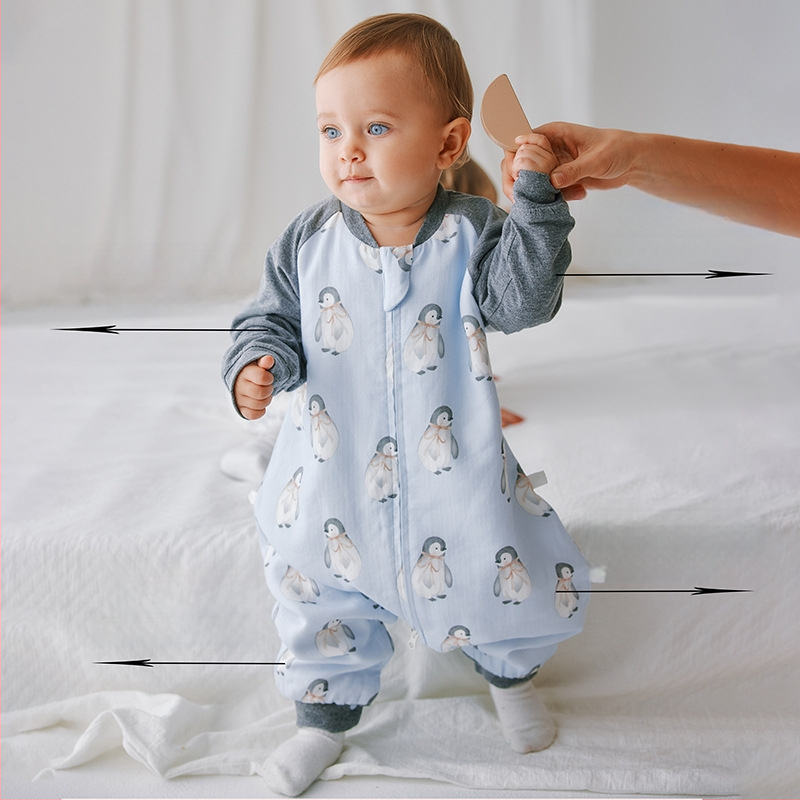 Sac de dormit pentru bebeluți cu picioare separate, țesătură din fibre de bambus cu bumbac, imprimeu, pentru 1–3 ani, ediție toamnă 2024