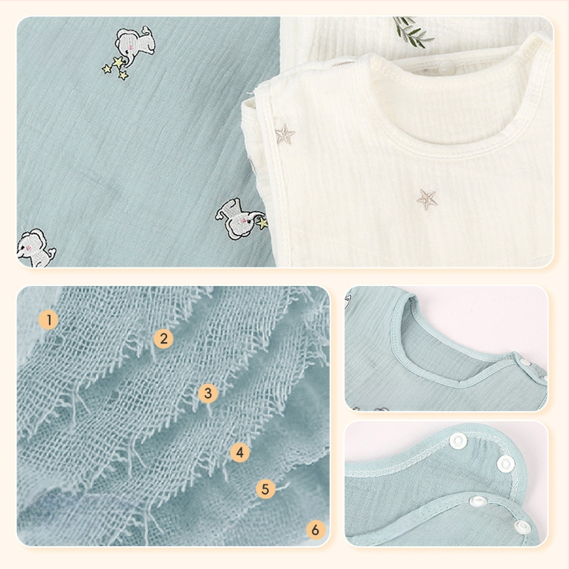 6-слоен бебешки спален чувал с бродерия върху креп тъкан, чист памучен марля, пълнеж памук, тегло до 0,5 кг, 100% памук, защита срещу ритници