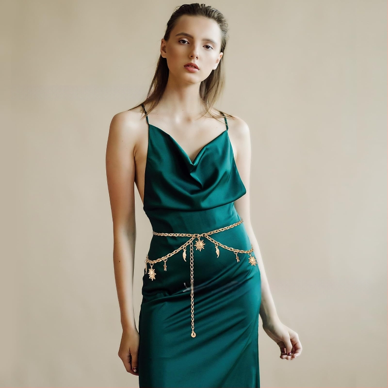 Колан за талия с висящ медальон Слънце-Луна-Звезда, метал, дължина 115 см, елегантен стил, за жени.