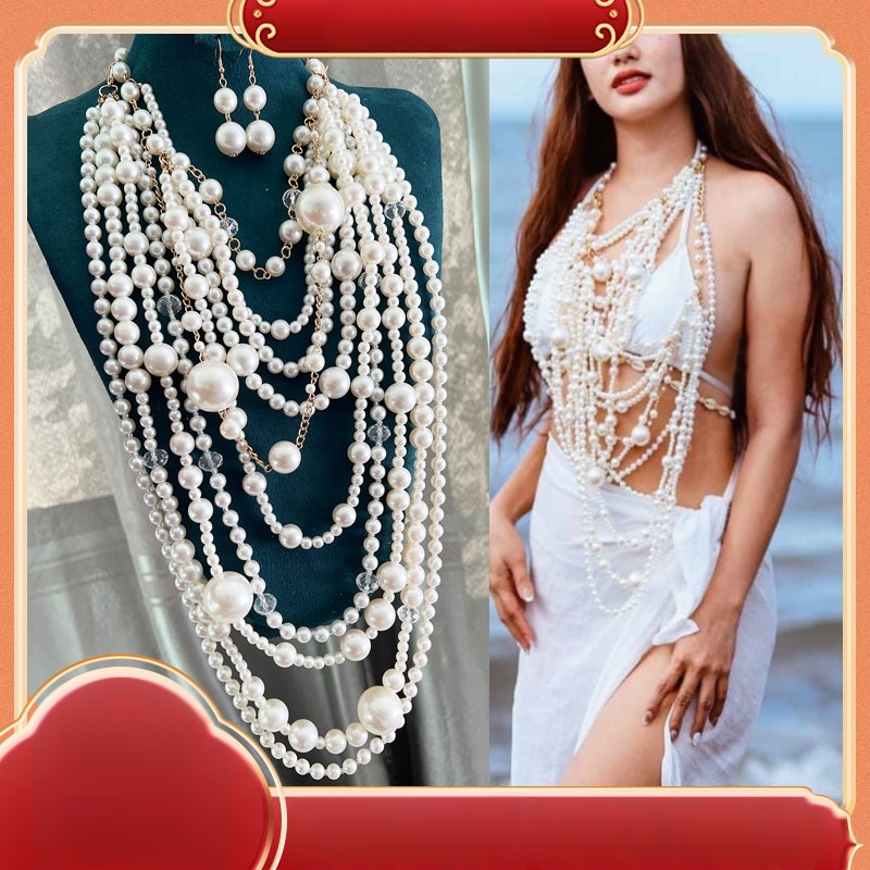 Многоетажна перлена огърлица с body chain, ръчна изработка, U-образна геометрична Pearl Chain, дамска модна огърлица