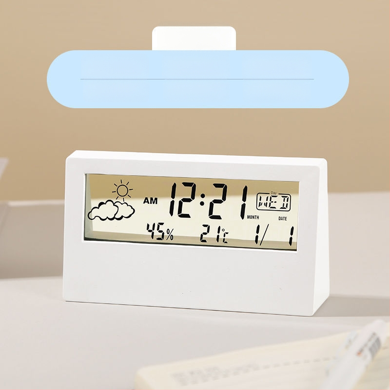 Десктоп часовник с LCD дисплей, термометър, измерване на влажност, месечна индикация, батерийно захранване, модерен минималистичен стил