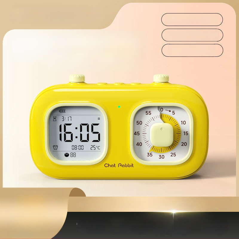 Таймер за управление на времето с двоен екран – визуално обратно отброяване за ученици и деца; LCD дисплей с индикатор и цифри; захранване с батерия; ABS корпус