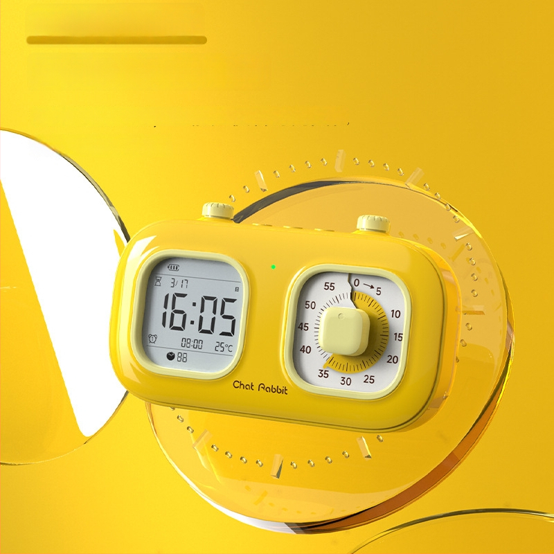 Таймер за управление на времето с двоен екран – визуално обратно отброяване за ученици и деца; LCD дисплей с индикатор и цифри; захранване с батерия; ABS корпус