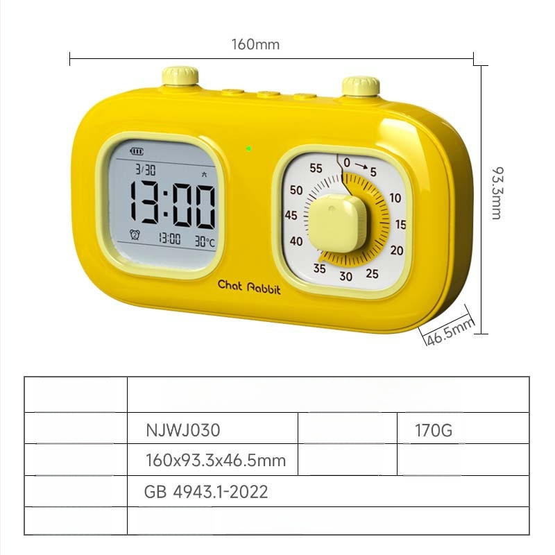 Таймер за управление на времето с двоен екран – визуално обратно отброяване за ученици и деца; LCD дисплей с индикатор и цифри; захранване с батерия; ABS корпус