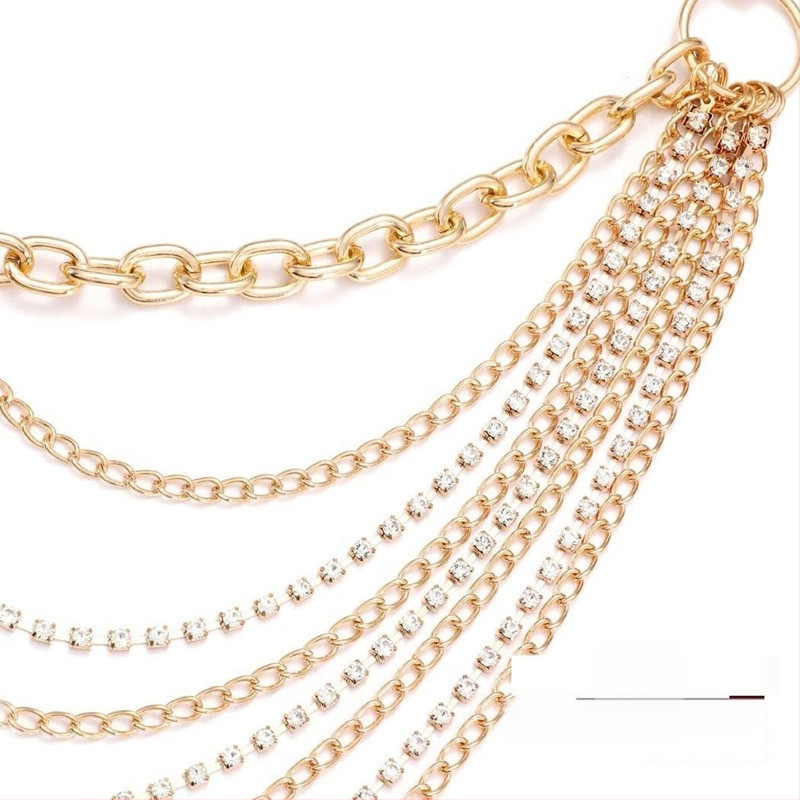 Синджир за талия с метални многослойни пискюли и кристали, за жени, дължина 105 см, стил универсален