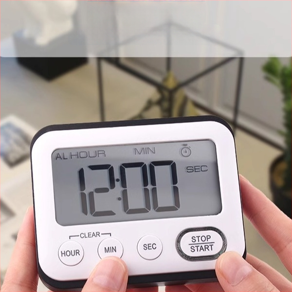 Мултифункционален електронен таймер с аларма, правоъгълно пластмасово тяло, LCD дисплей, захранване с батерии