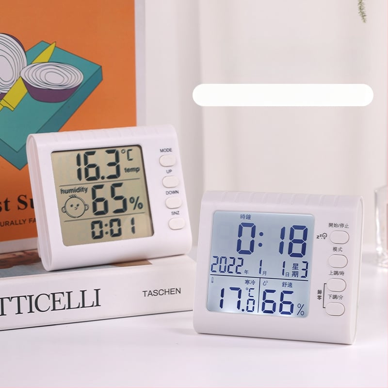 Термохигромер със светещ будилник и секундомер, 3-в-1 часовник с LED цифров дисплей, батерийно захранване, квадратен пластмасов корпус, термометър