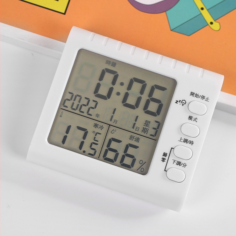 Термохигромер със светещ будилник и секундомер, 3-в-1 часовник с LED цифров дисплей, батерийно захранване, квадратен пластмасов корпус, термометър