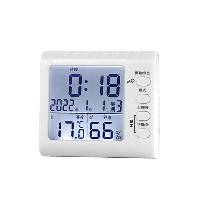 Термохигромер със светещ будилник и секундомер, 3-в-1 часовник с LED цифров дисплей, батерийно захранване, квадратен пластмасов корпус, термометър