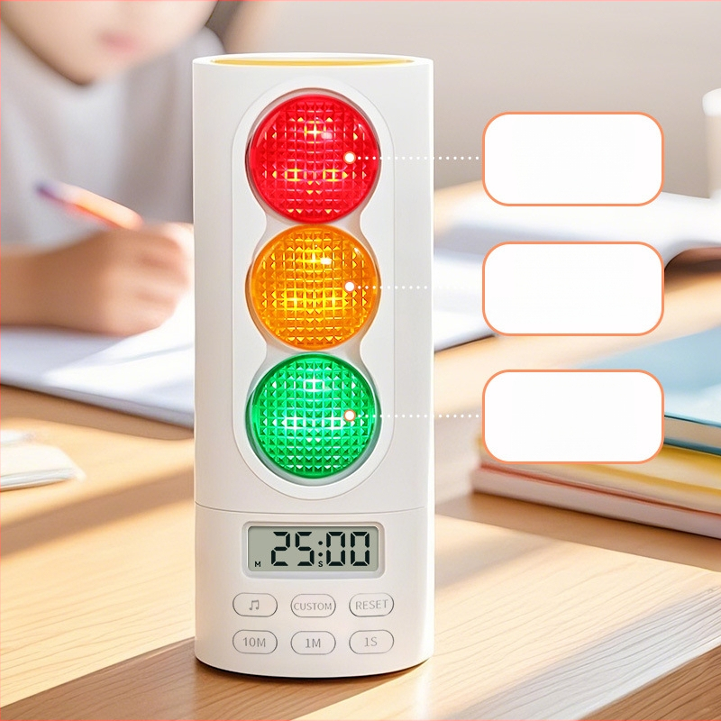 Таймер за учене с визуален сигнал светофар (червено-зелено) — LCD дисплей, електронен механизъм, пластмасов корпус, правоъгълна форма, външно захранване — DIUBUDE